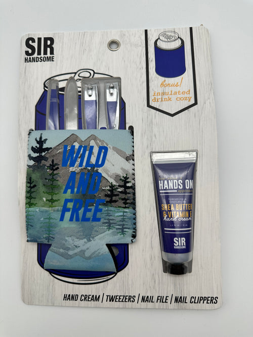 Sir Handsome gift set hand cream, tweezers, nail file, nail clippers and insulated drink cozy