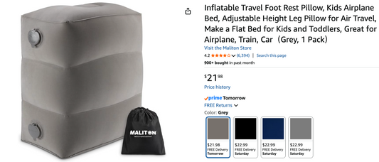 Inflatable Travel Foot Rest Pillow, Kids Airplane Bed
